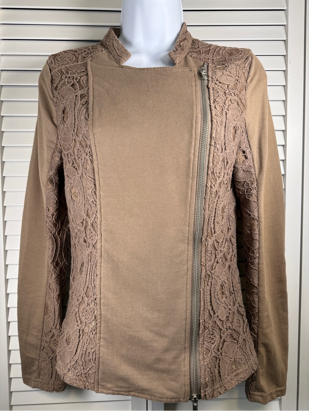 Monoreno Taupe Lace-Trim Asymmetrical Zip Jacket